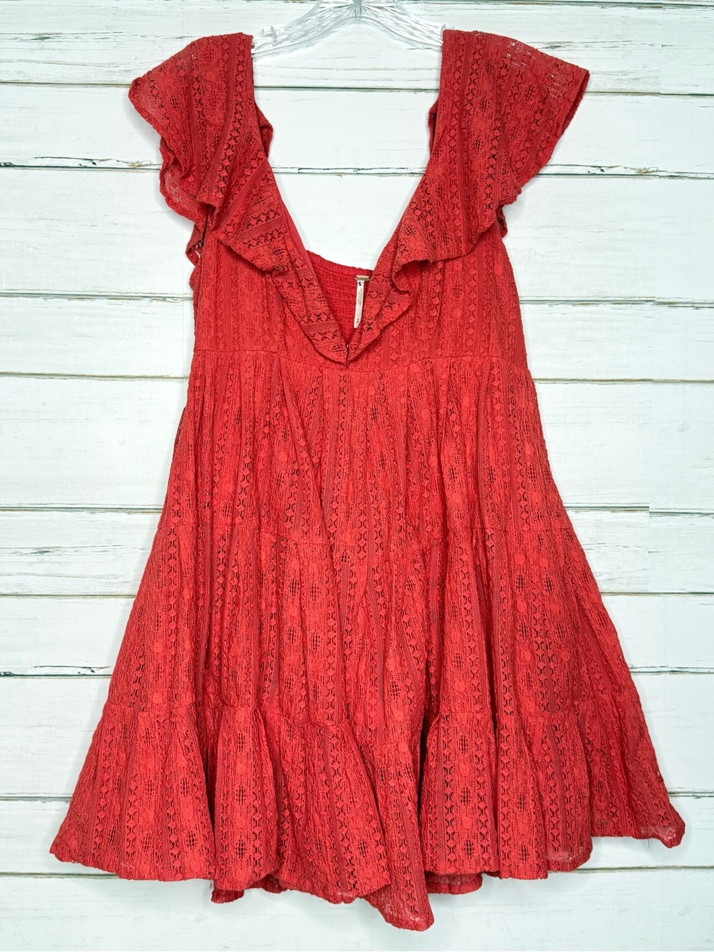 Free People Coral Red Lace Open Back Mini Dress Boho Ruffle Small